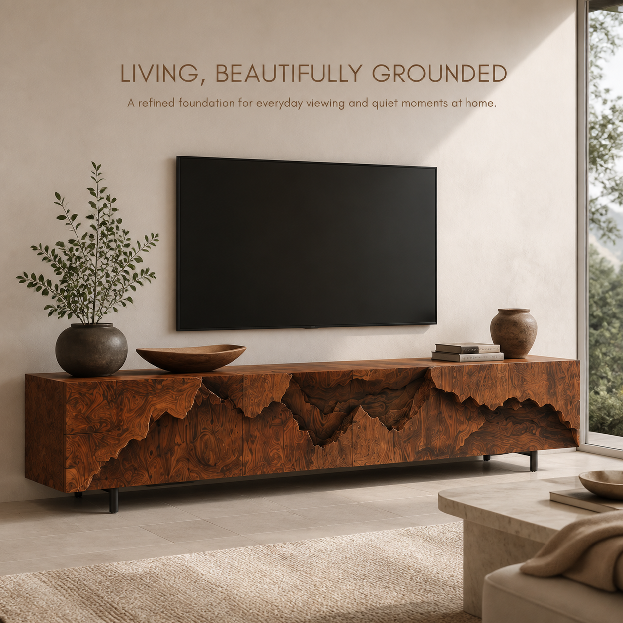 Amara Sculptural Solid Wood TV Stand - Design 035 - TV stand detail and styling view 01