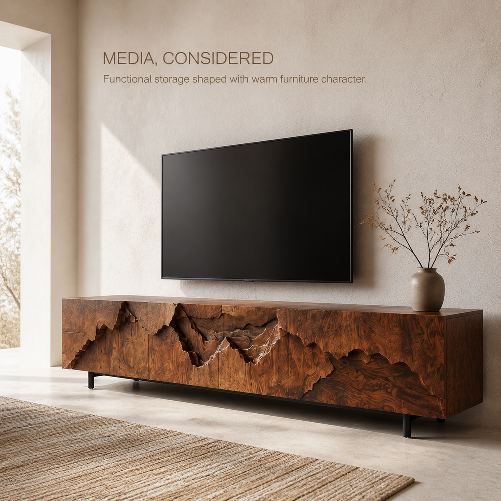 Amara Sculptural Solid Wood TV Stand - Design 035 - TV stand detail and styling view 02