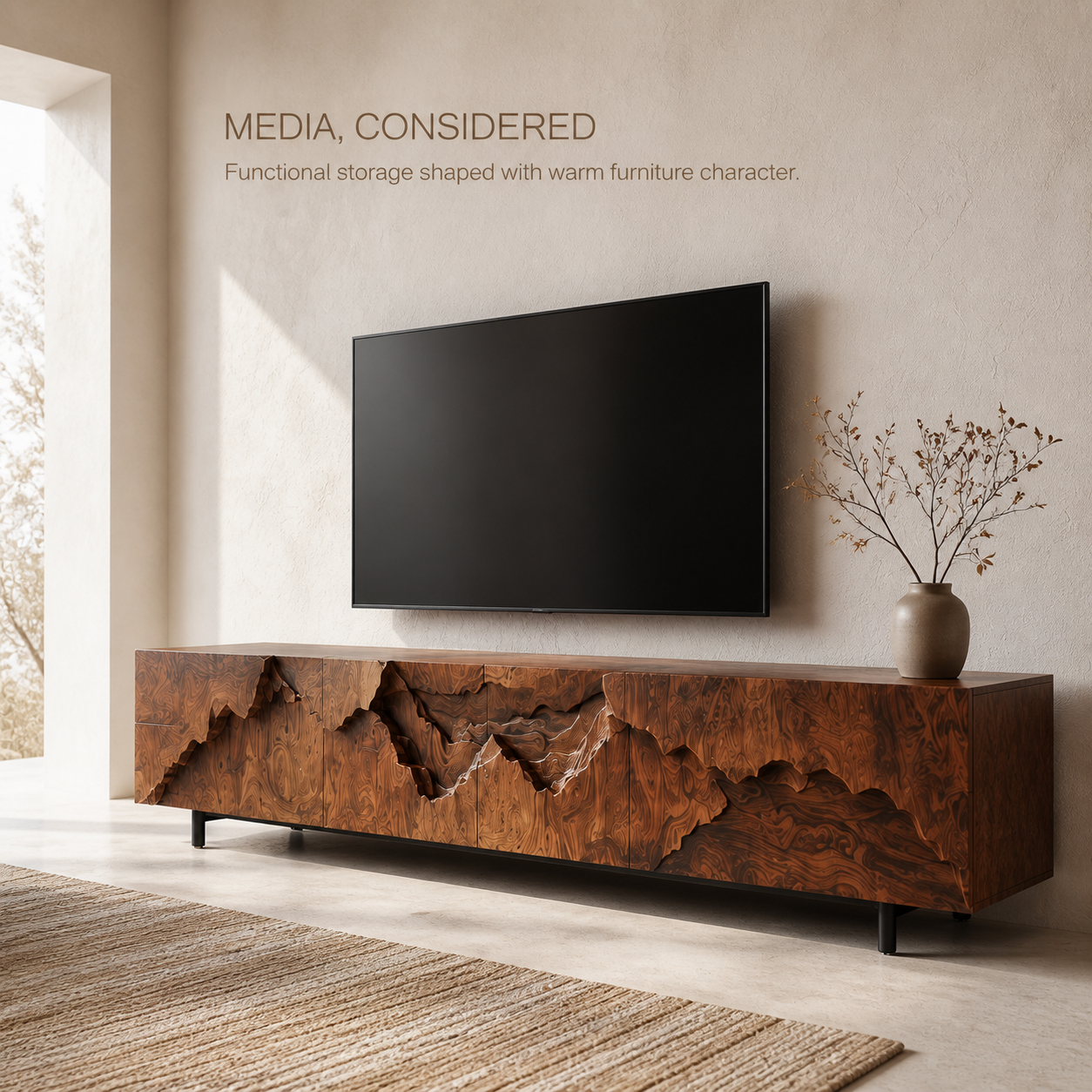 Amara Sculptural Solid Wood TV Stand - Design 035 - TV stand detail and styling view 02
