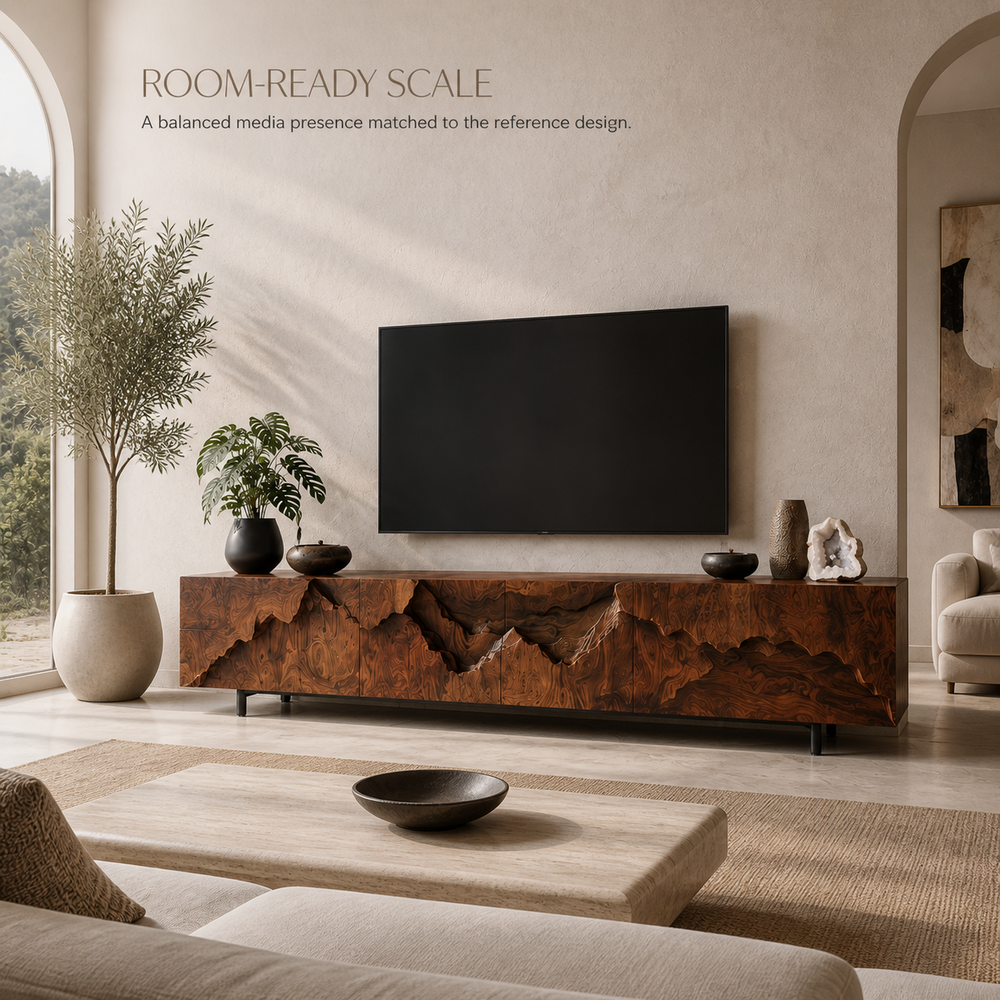 Amara Sculptural Solid Wood TV Stand - Design 035 - TV stand detail and styling view 03