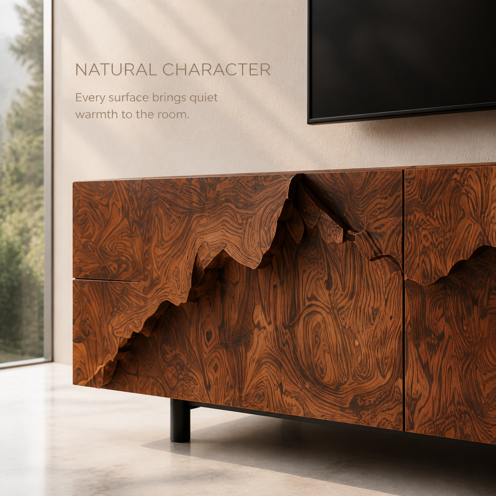 Amara Sculptural Solid Wood TV Stand - Design 035 - TV stand detail and styling view 04