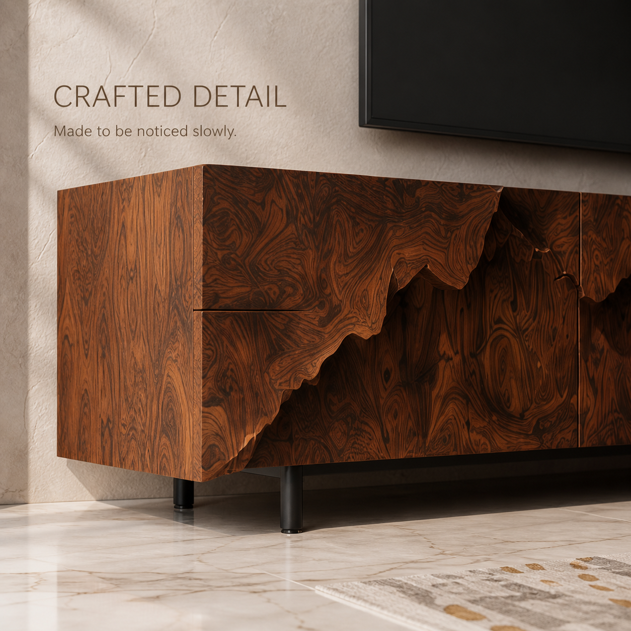 Amara Sculptural Solid Wood TV Stand - Design 035 - TV stand detail and styling view 05