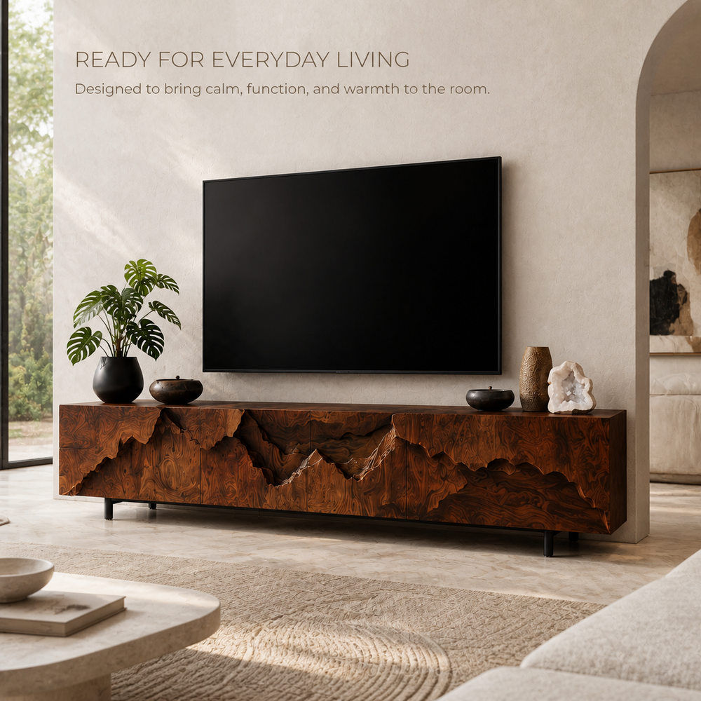 Amara Sculptural Solid Wood TV Stand - Design 035 - TV stand detail and styling view 06