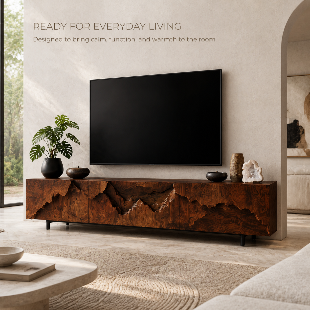 Amara Sculptural Solid Wood TV Stand - Design 035 - TV stand detail and styling view 06