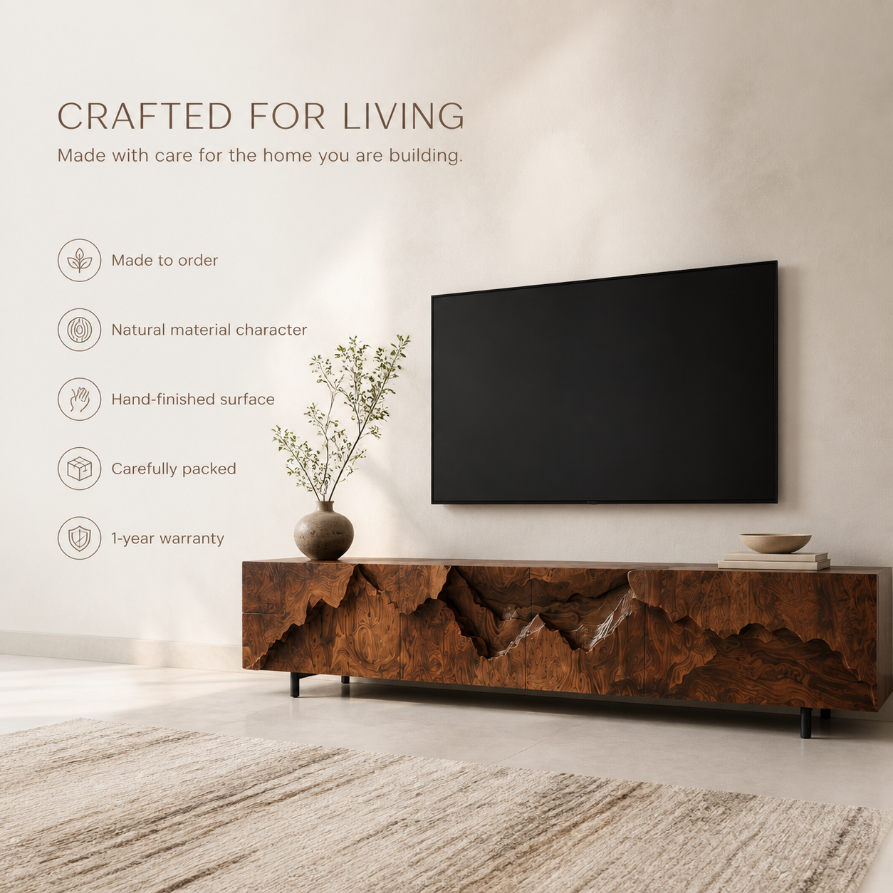 Amara Sculptural Solid Wood TV Stand - Design 035 - TV stand detail and styling view 08