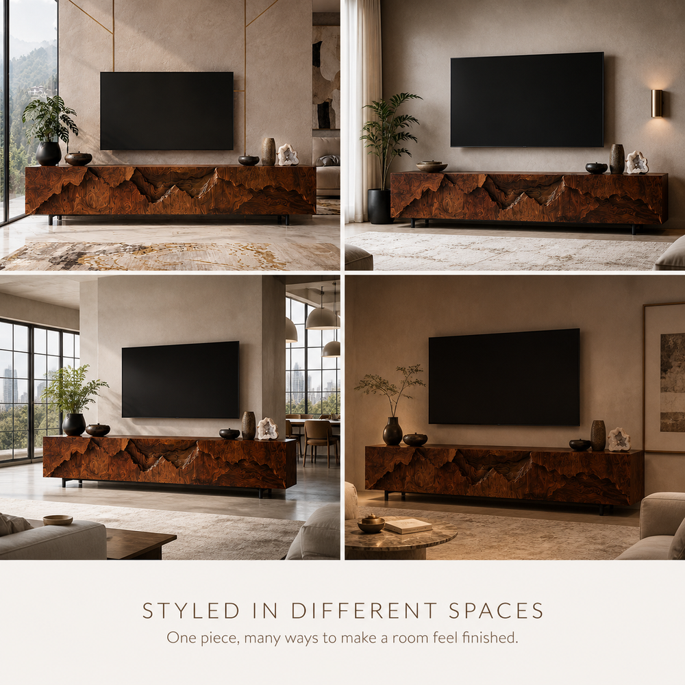 Amara Sculptural Solid Wood TV Stand - Design 035 - TV stand detail and styling view 09