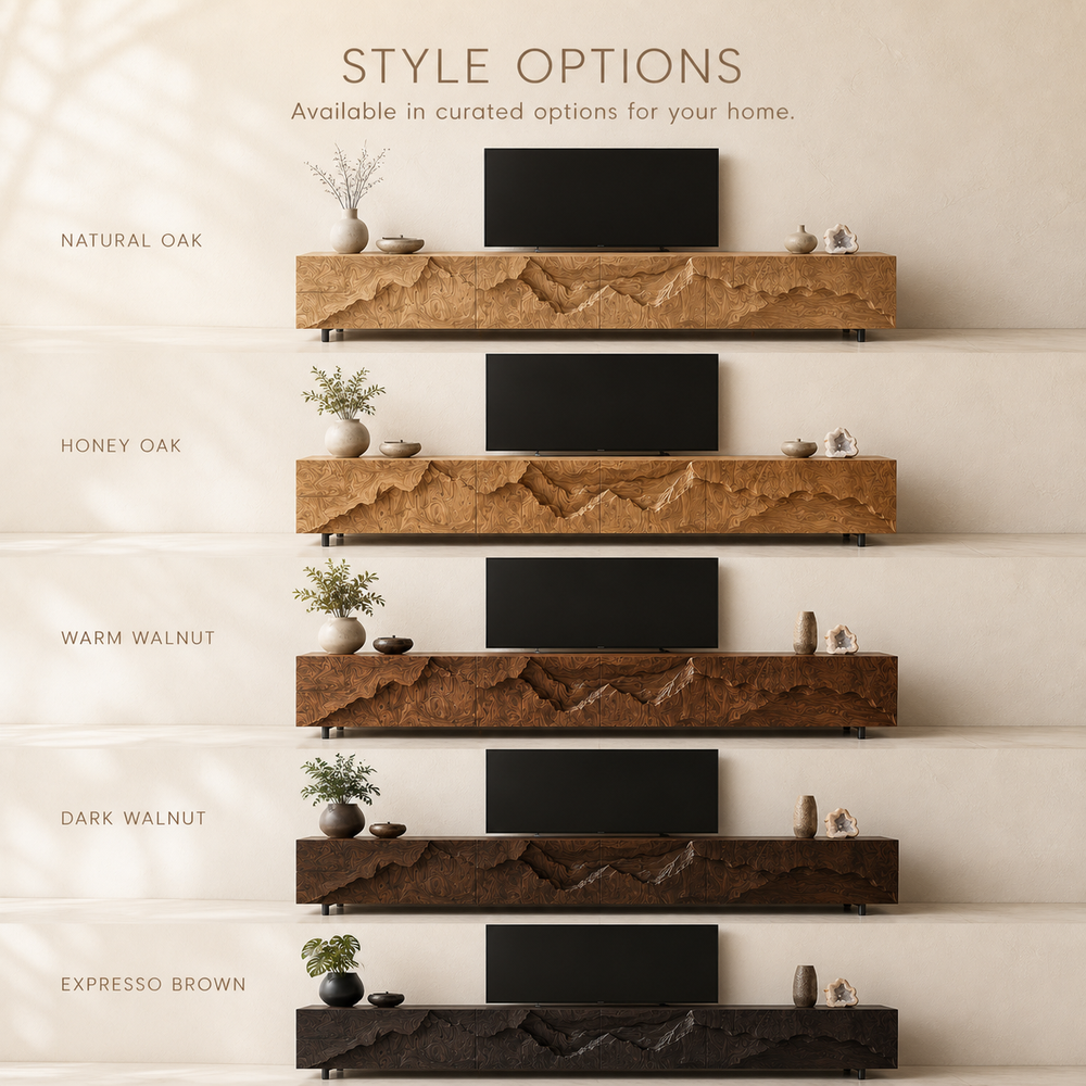 Amara Sculptural Solid Wood TV Stand - Design 035 - TV stand detail and styling view 10
