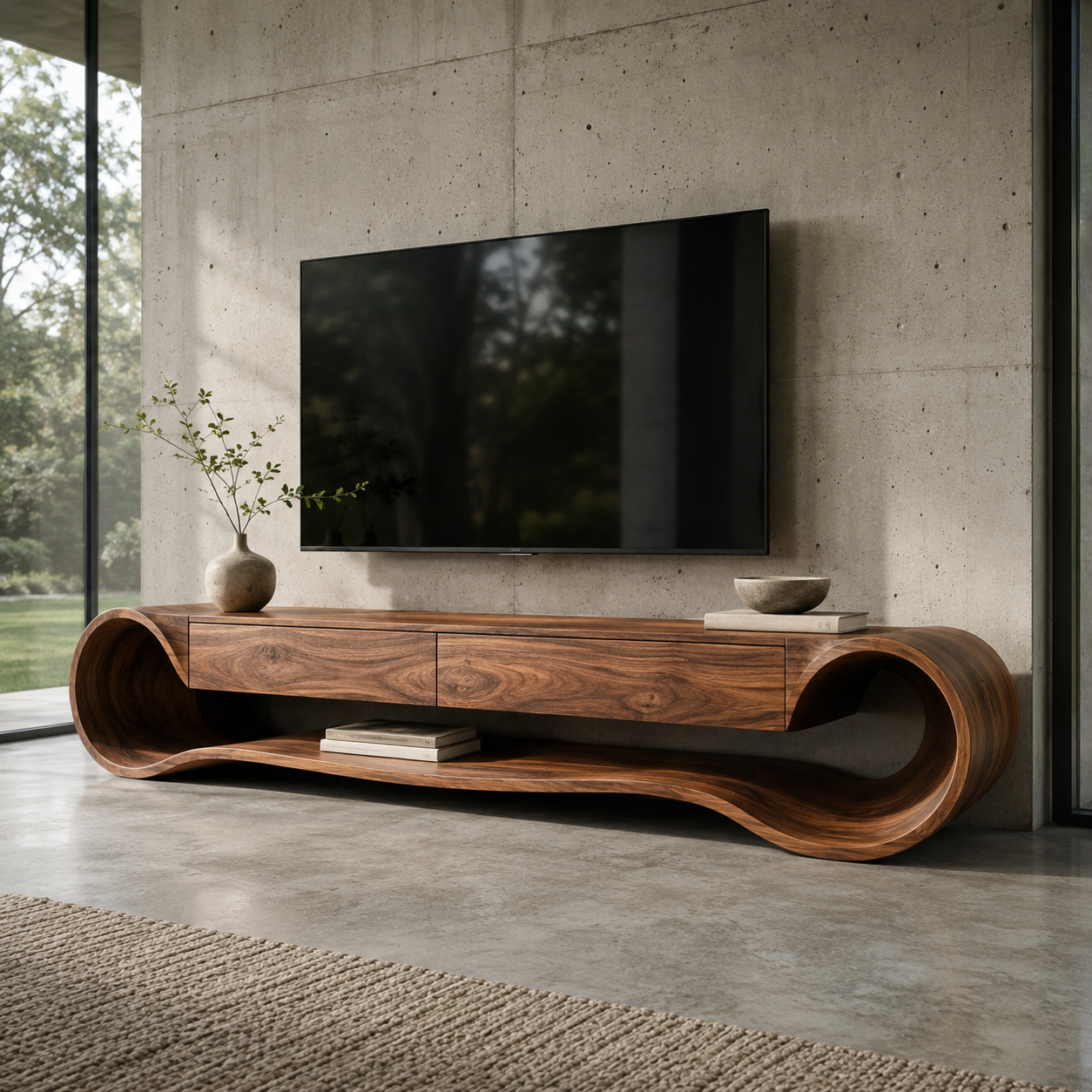 Theron Sculptural Solid Wood TV Stand - Design 036 - premium solid wood TV stand main lifestyle view