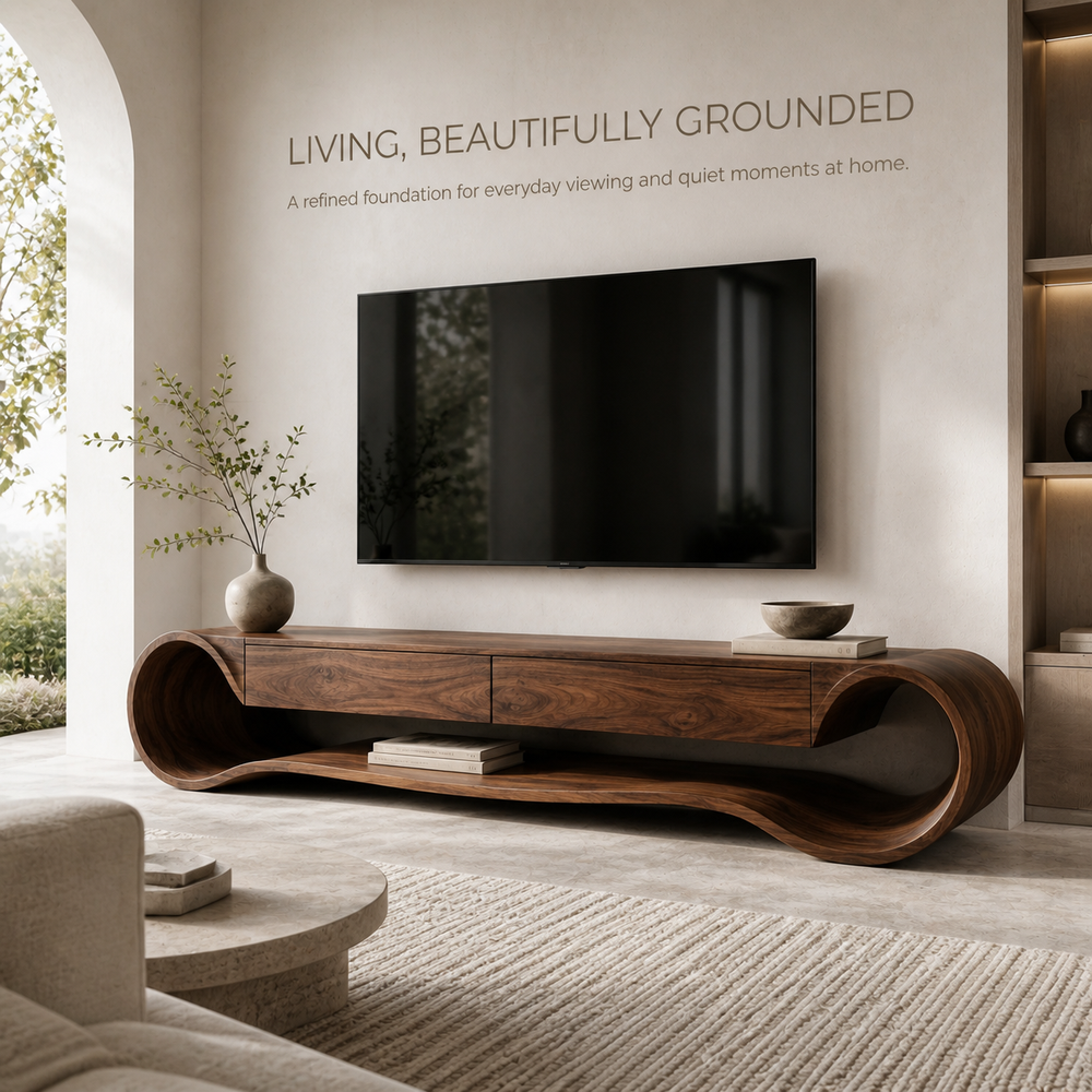 Theron Sculptural Solid Wood TV Stand - Design 036 - TV stand detail and styling view 01