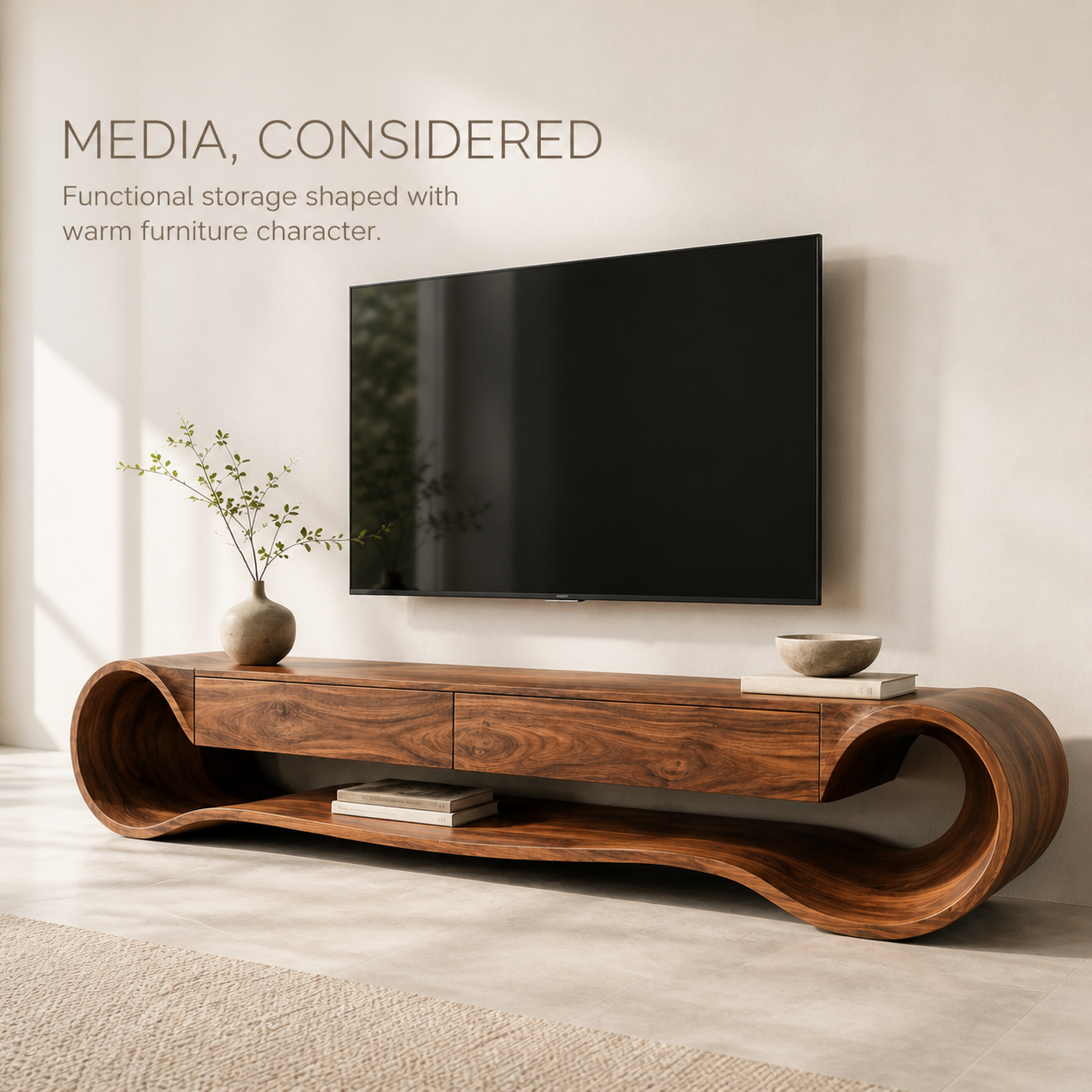 Theron Sculptural Solid Wood TV Stand - Design 036 - TV stand detail and styling view 02