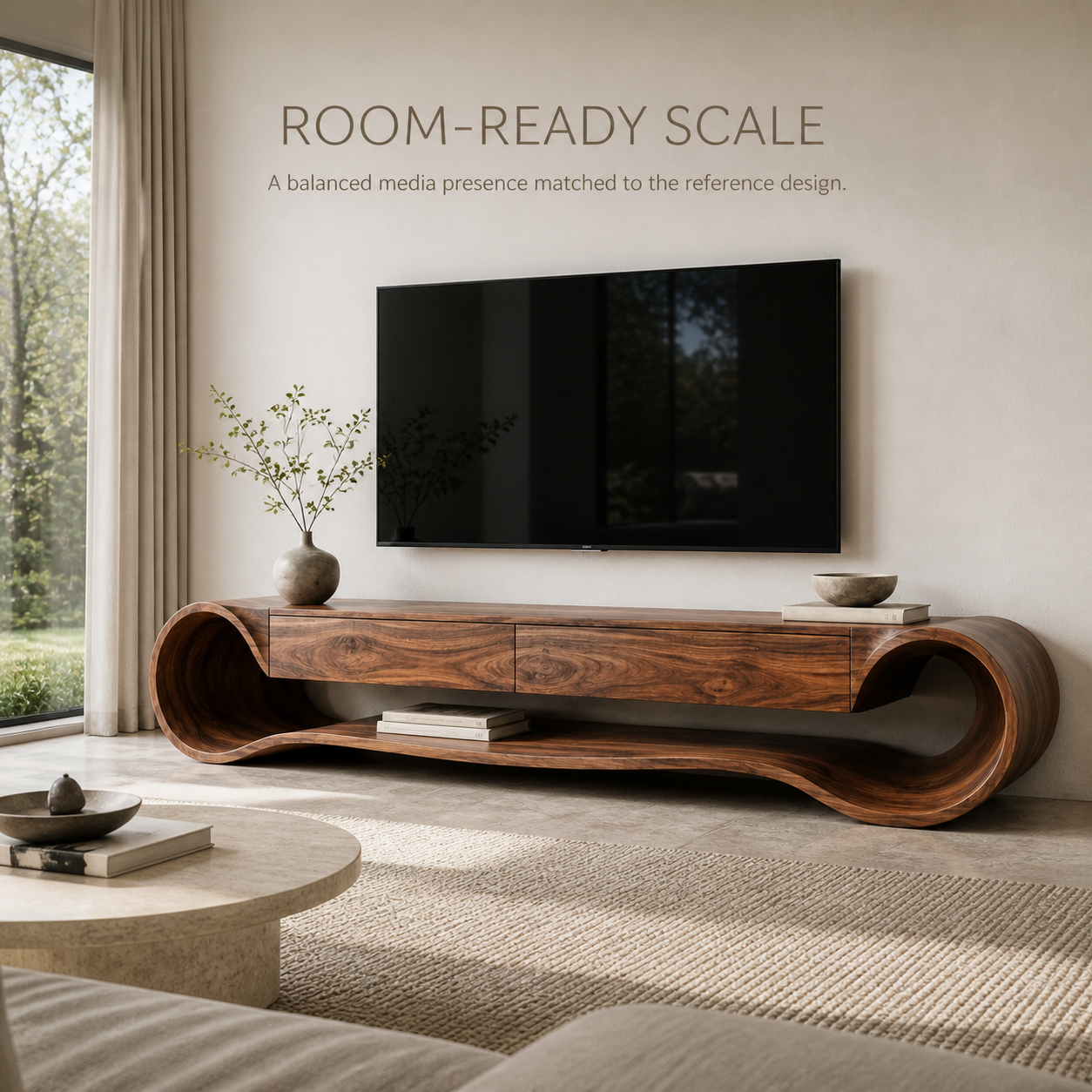 Theron Sculptural Solid Wood TV Stand - Design 036 - TV stand detail and styling view 03