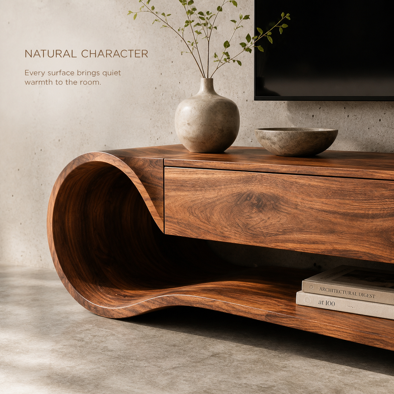 Theron Sculptural Solid Wood TV Stand - Design 036 - TV stand detail and styling view 04