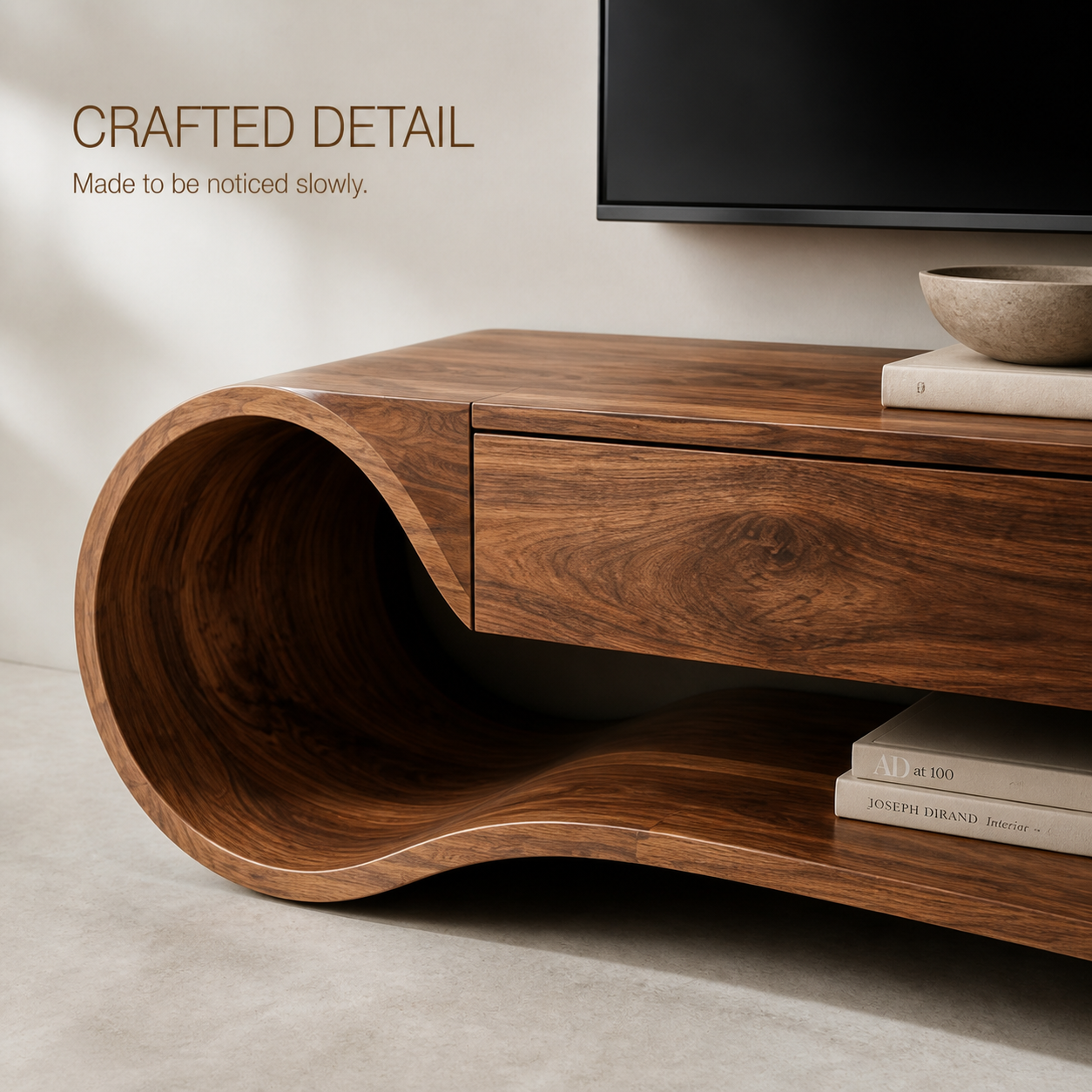 Theron Sculptural Solid Wood TV Stand - Design 036 - TV stand detail and styling view 05