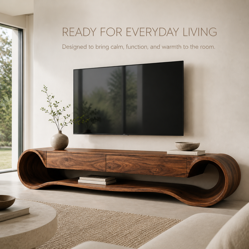 Theron Sculptural Solid Wood TV Stand - Design 036 - TV stand detail and styling view 06