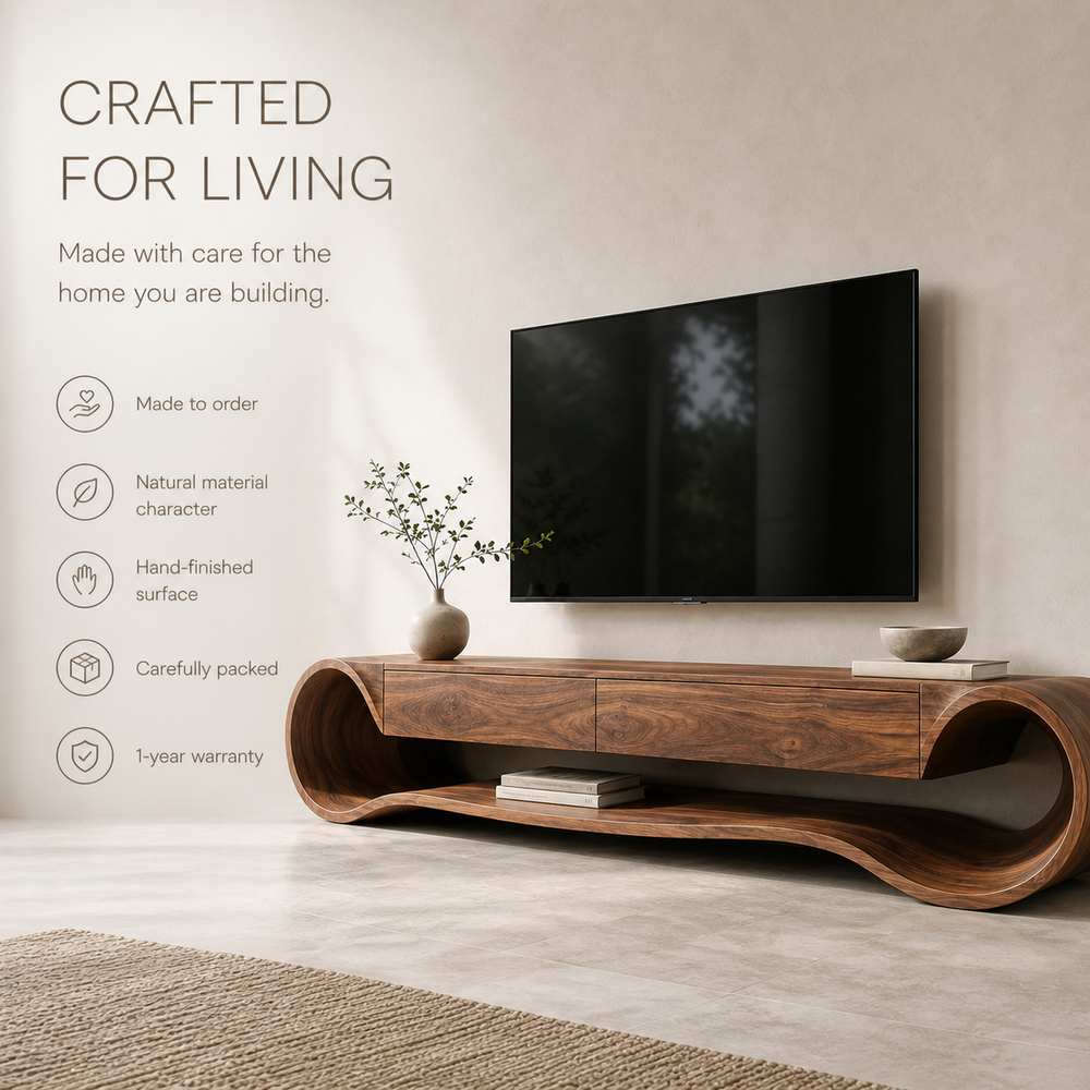 Theron Sculptural Solid Wood TV Stand - Design 036 - TV stand detail and styling view 08