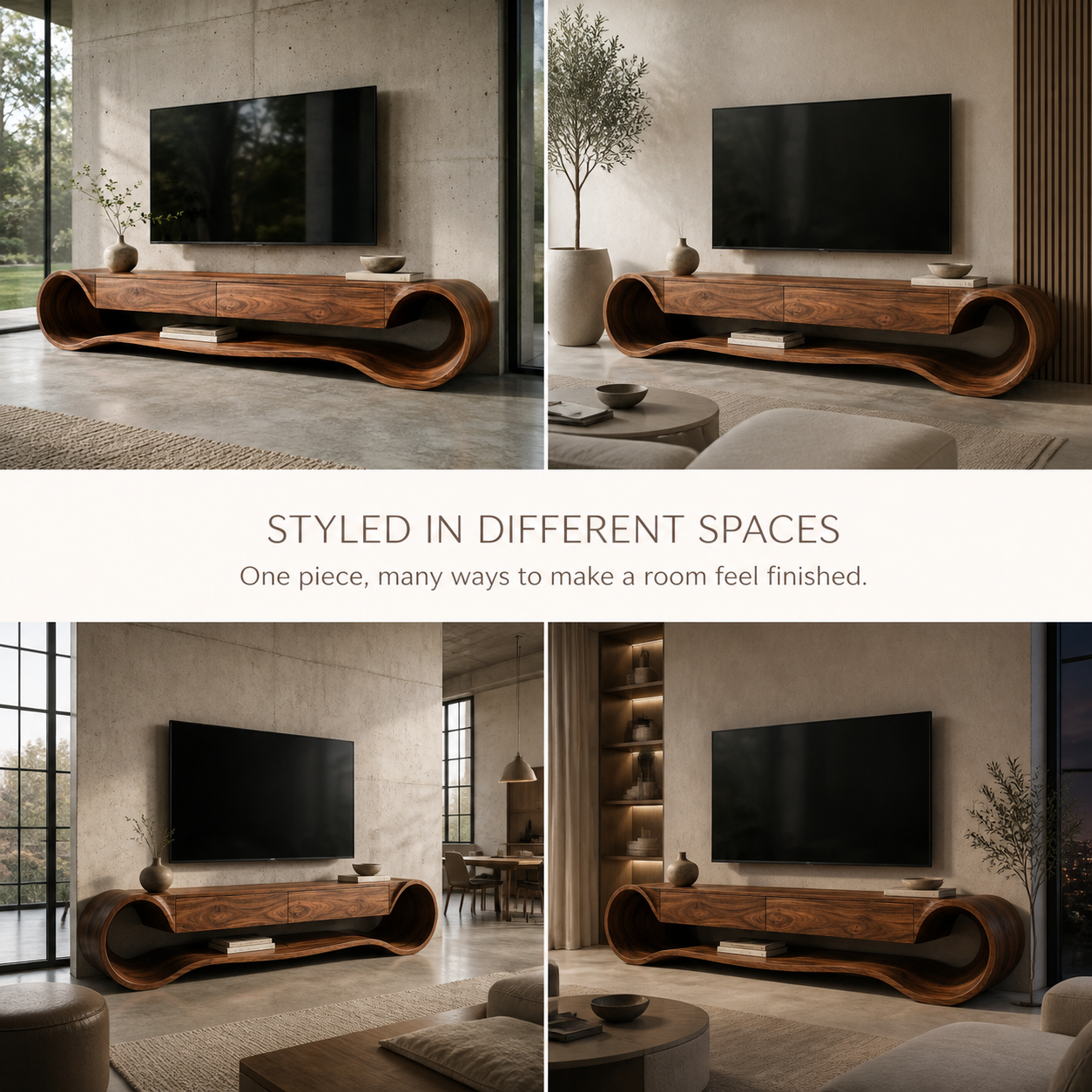 Theron Sculptural Solid Wood TV Stand - Design 036 - TV stand detail and styling view 09