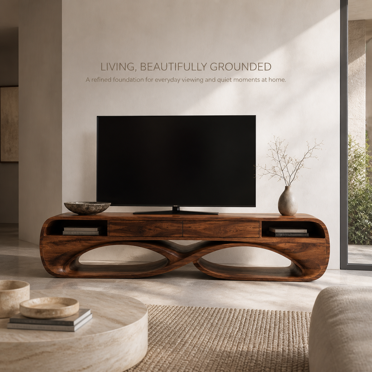 Lucienne Sculptural Solid Wood TV Stand - Design 037 - TV stand detail and styling view 01