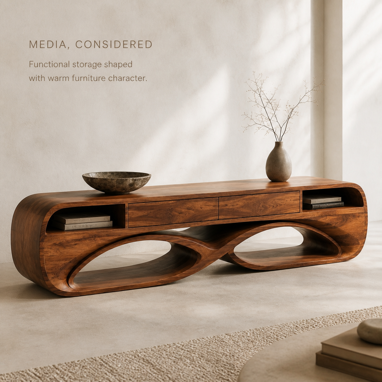 Lucienne Sculptural Solid Wood TV Stand - Design 037 - TV stand detail and styling view 02