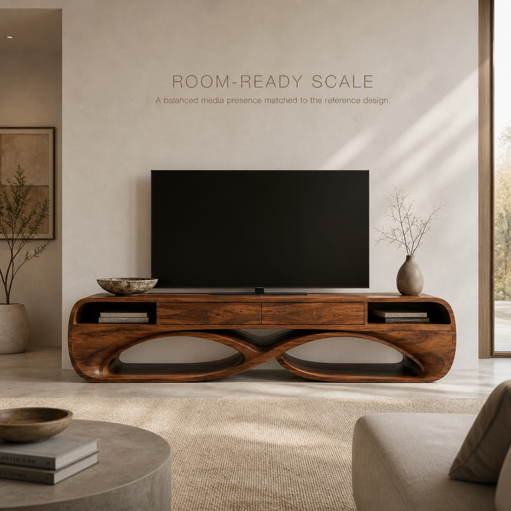 Lucienne Sculptural Solid Wood TV Stand - Design 037 - TV stand detail and styling view 03