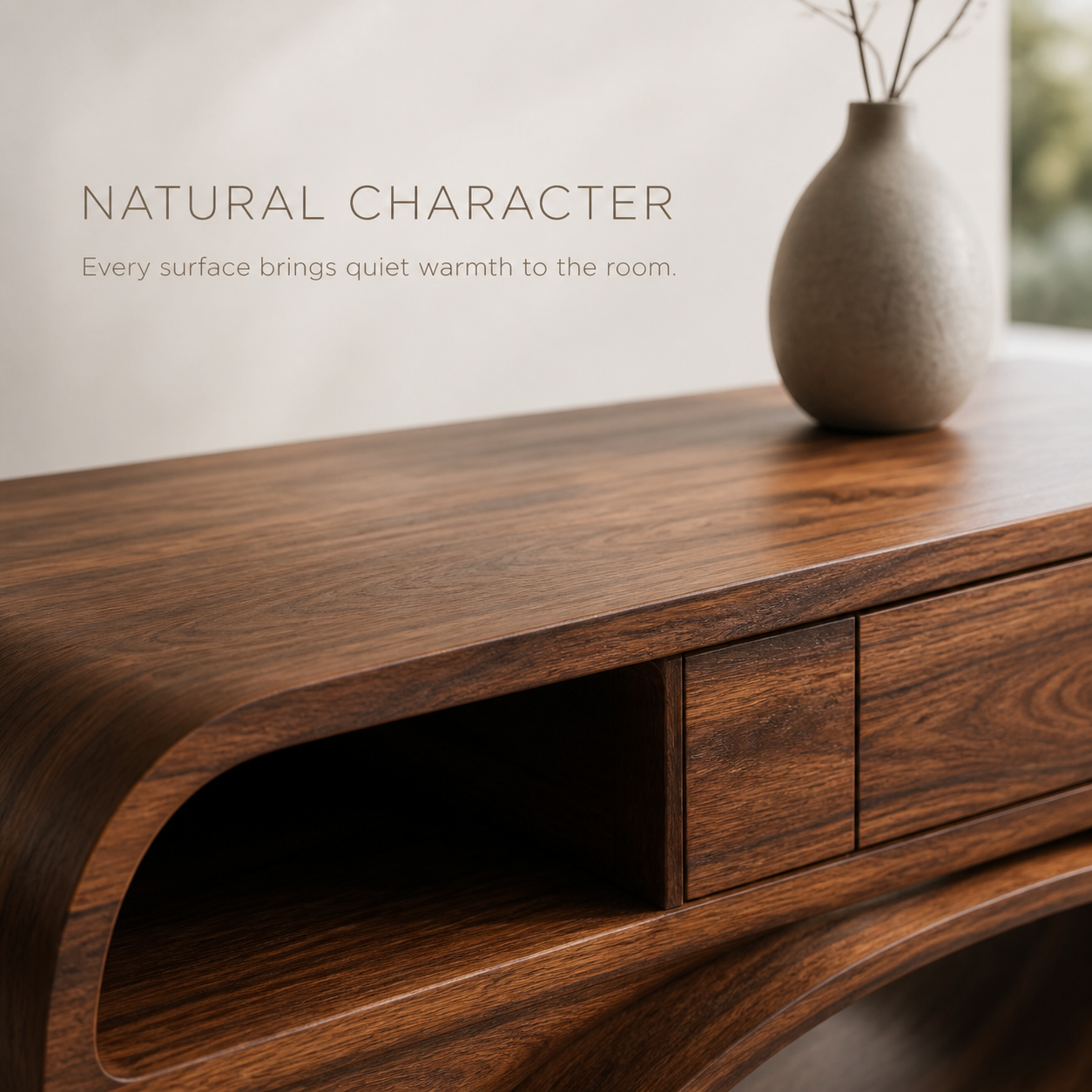 Lucienne Sculptural Solid Wood TV Stand - Design 037 - TV stand detail and styling view 04