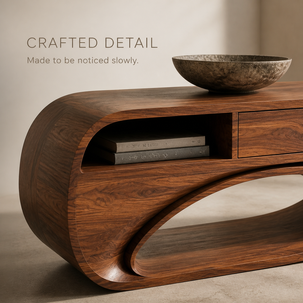 Lucienne Sculptural Solid Wood TV Stand - Design 037 - TV stand detail and styling view 05