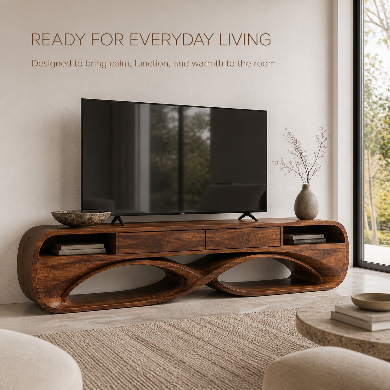 Lucienne Sculptural Solid Wood TV Stand - Design 037 - TV stand detail and styling view 06