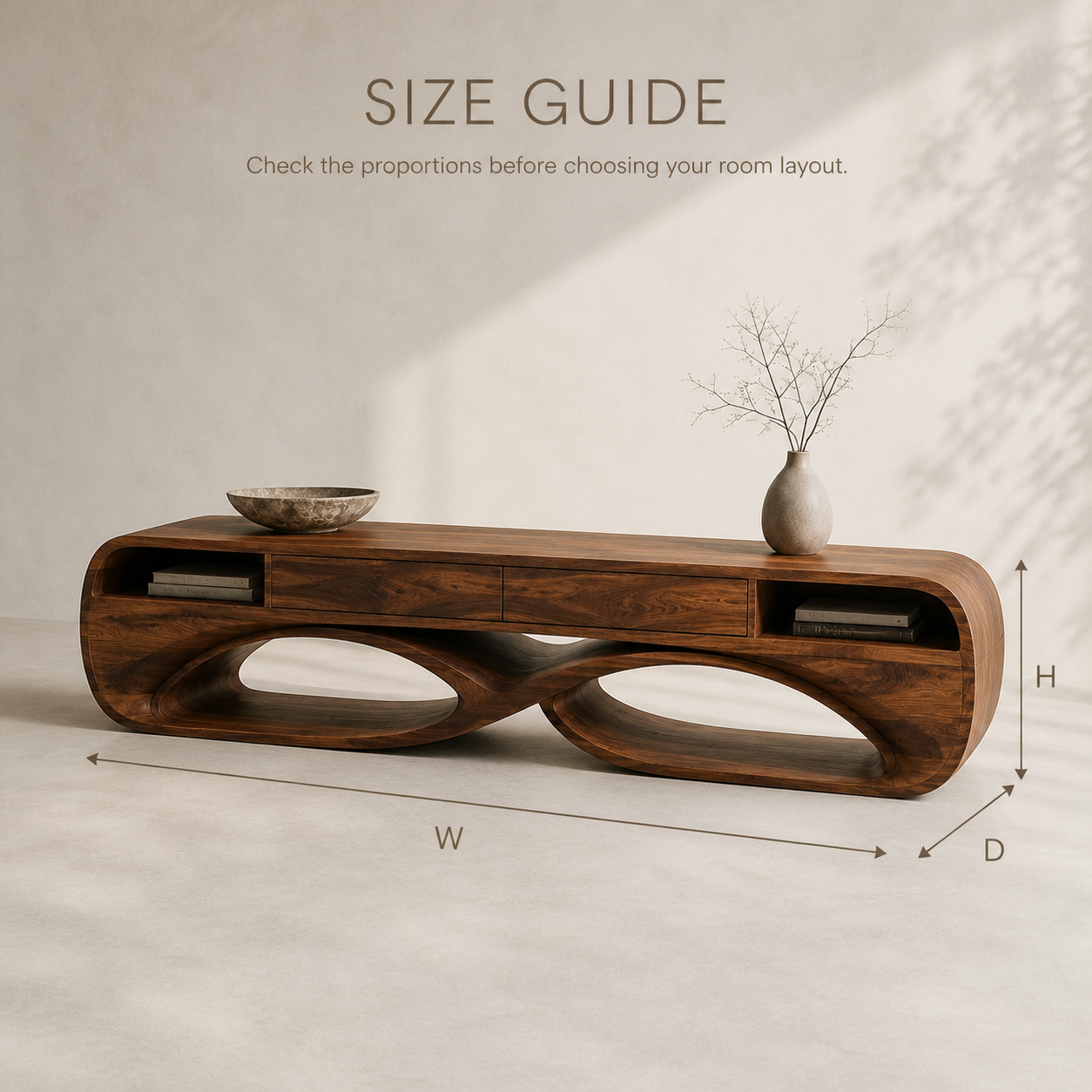 Lucienne Sculptural Solid Wood TV Stand - Design 037 - TV stand detail and styling view 07