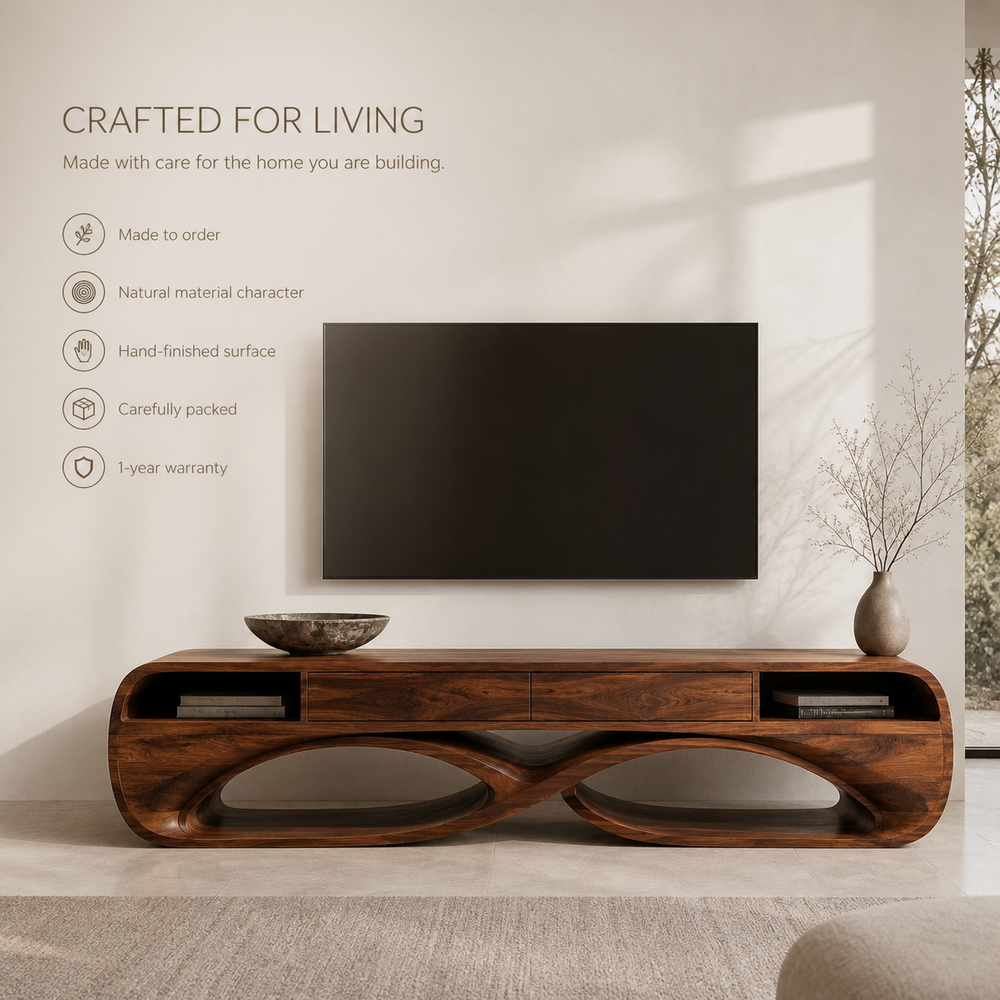 Lucienne Sculptural Solid Wood TV Stand - Design 037 - TV stand detail and styling view 08