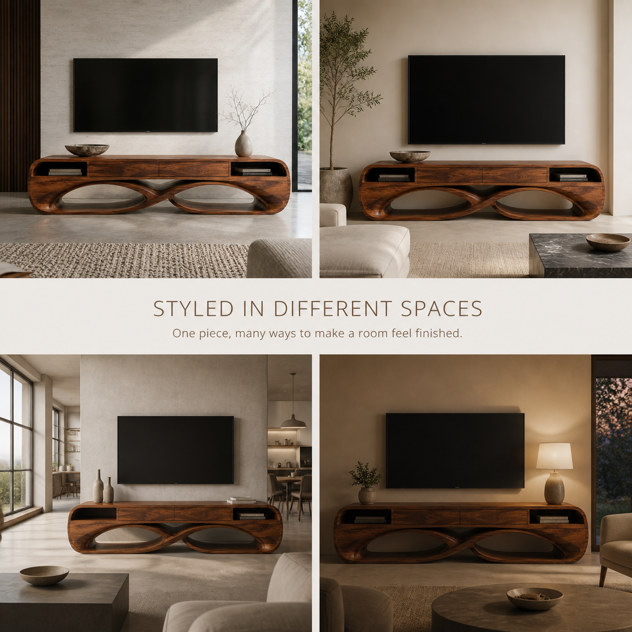 Lucienne Sculptural Solid Wood TV Stand - Design 037 - TV stand detail and styling view 09