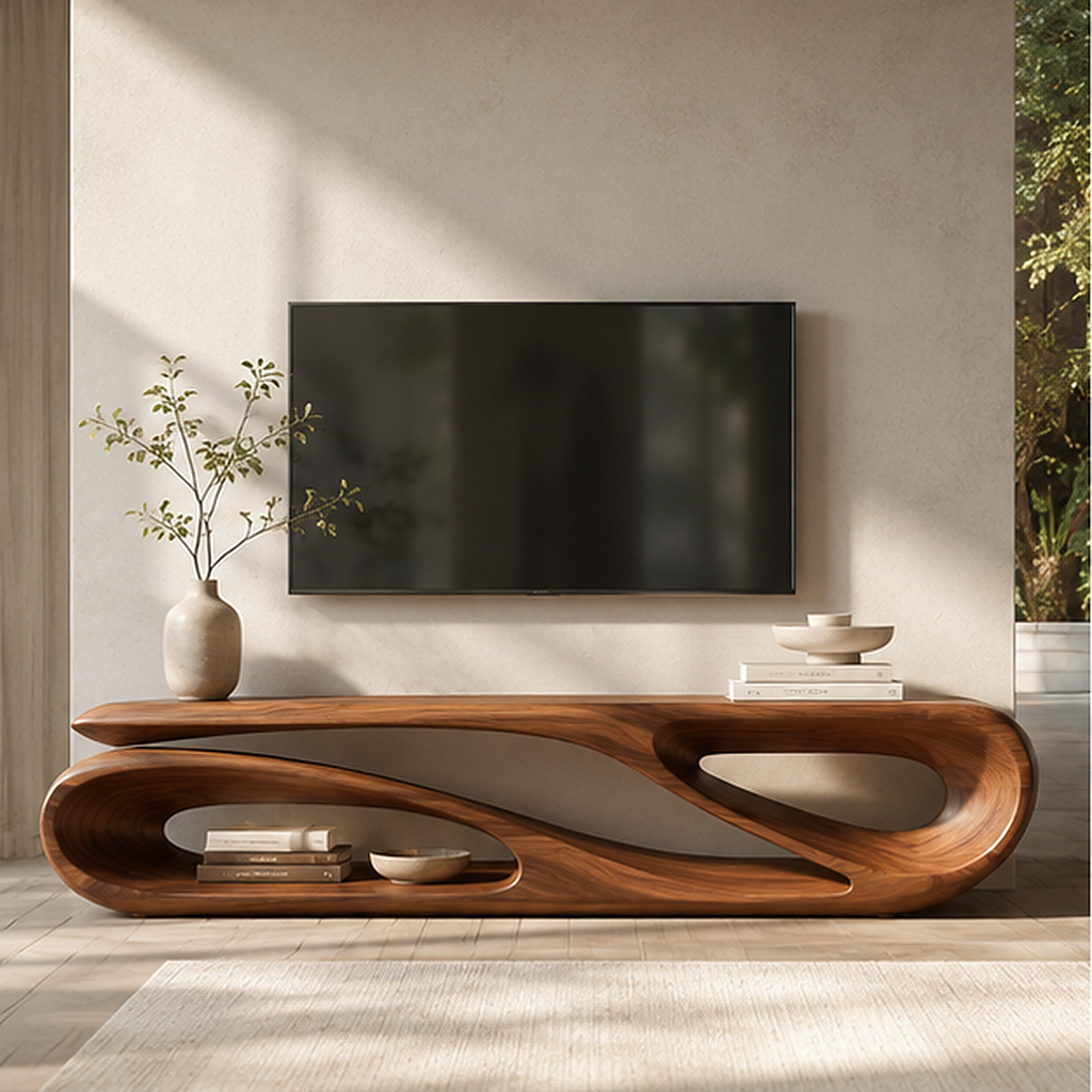 Alora Sculptural Solid Wood TV Stand - Design 038 - premium solid wood TV stand main lifestyle view