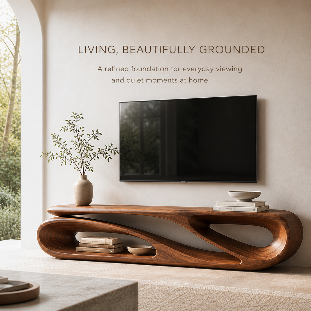 Alora Sculptural Solid Wood TV Stand - Design 038 - TV stand detail and styling view 01