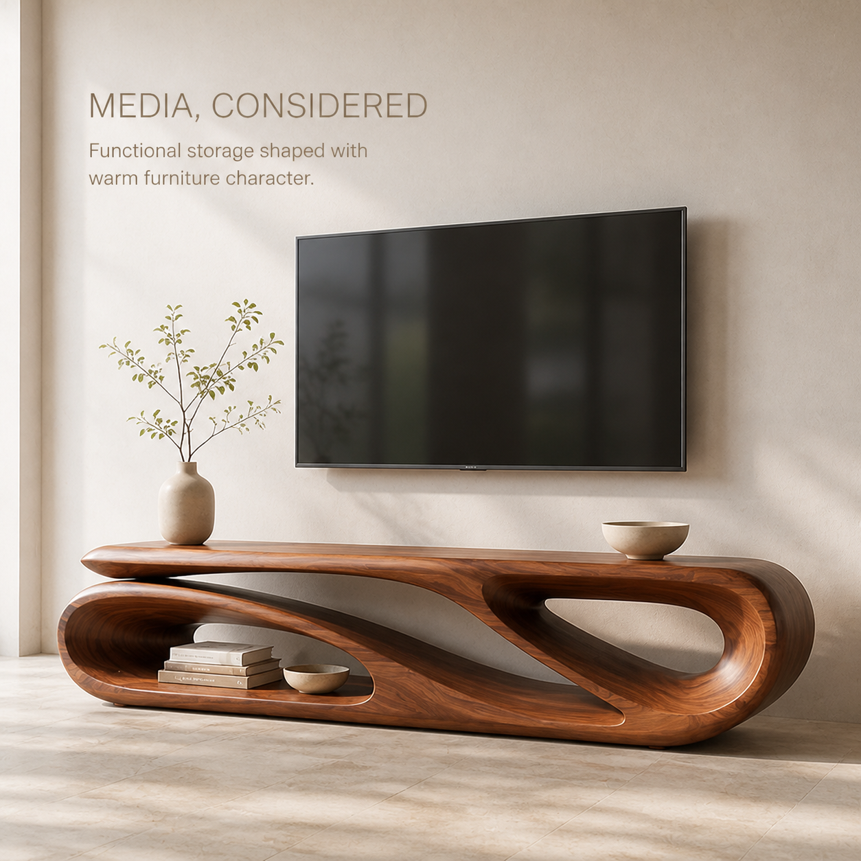 Alora Sculptural Solid Wood TV Stand - Design 038 - TV stand detail and styling view 02
