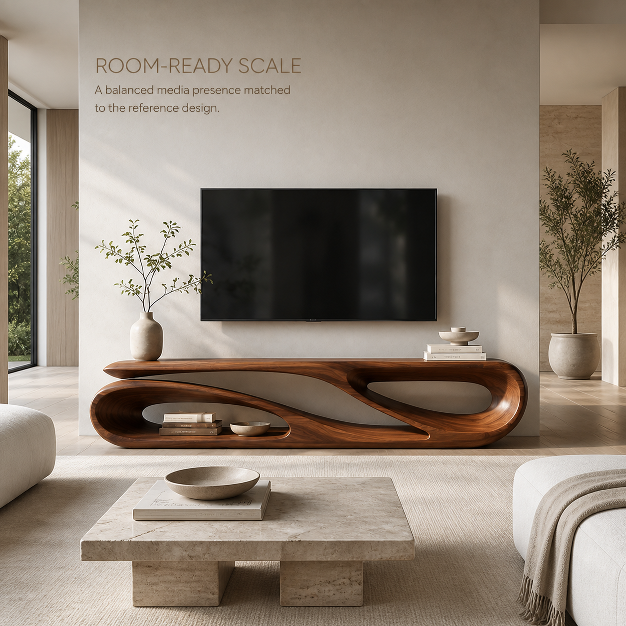 Alora Sculptural Solid Wood TV Stand - Design 038 - TV stand detail and styling view 03