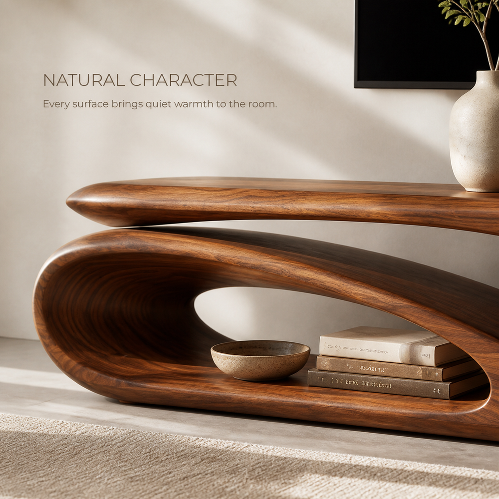 Alora Sculptural Solid Wood TV Stand - Design 038 - TV stand detail and styling view 04