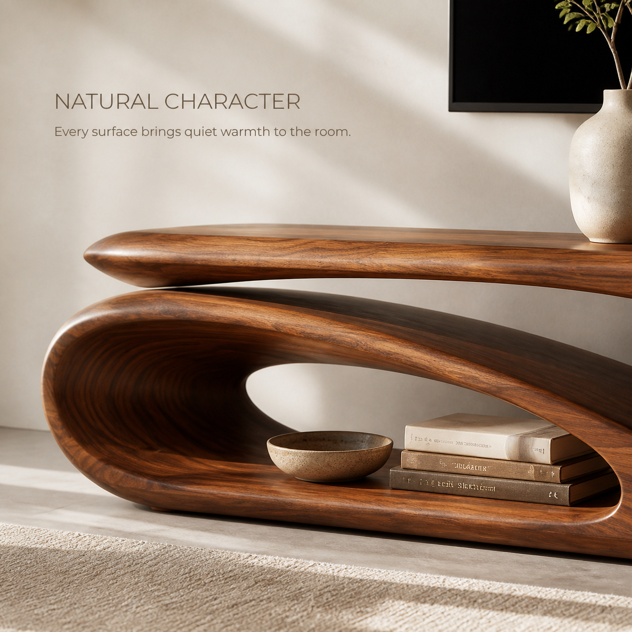 Alora Sculptural Solid Wood TV Stand - Design 038 - TV stand detail and styling view 04