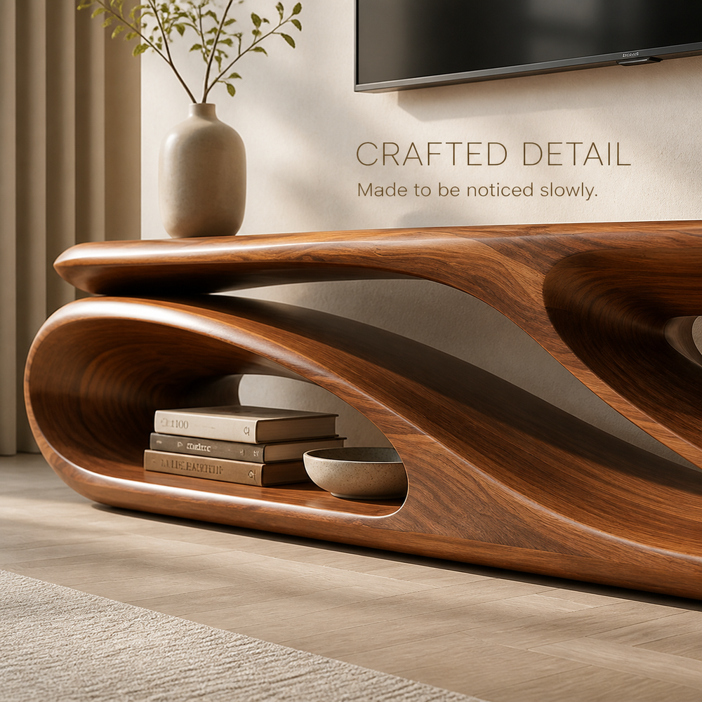 Alora Sculptural Solid Wood TV Stand - Design 038 - TV stand detail and styling view 05