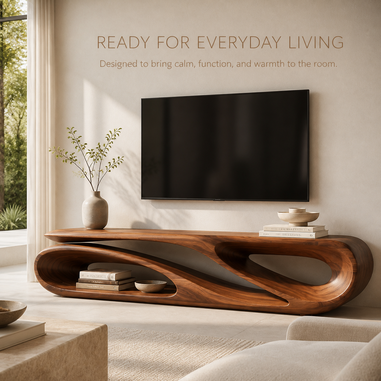 Alora Sculptural Solid Wood TV Stand - Design 038 - TV stand detail and styling view 06