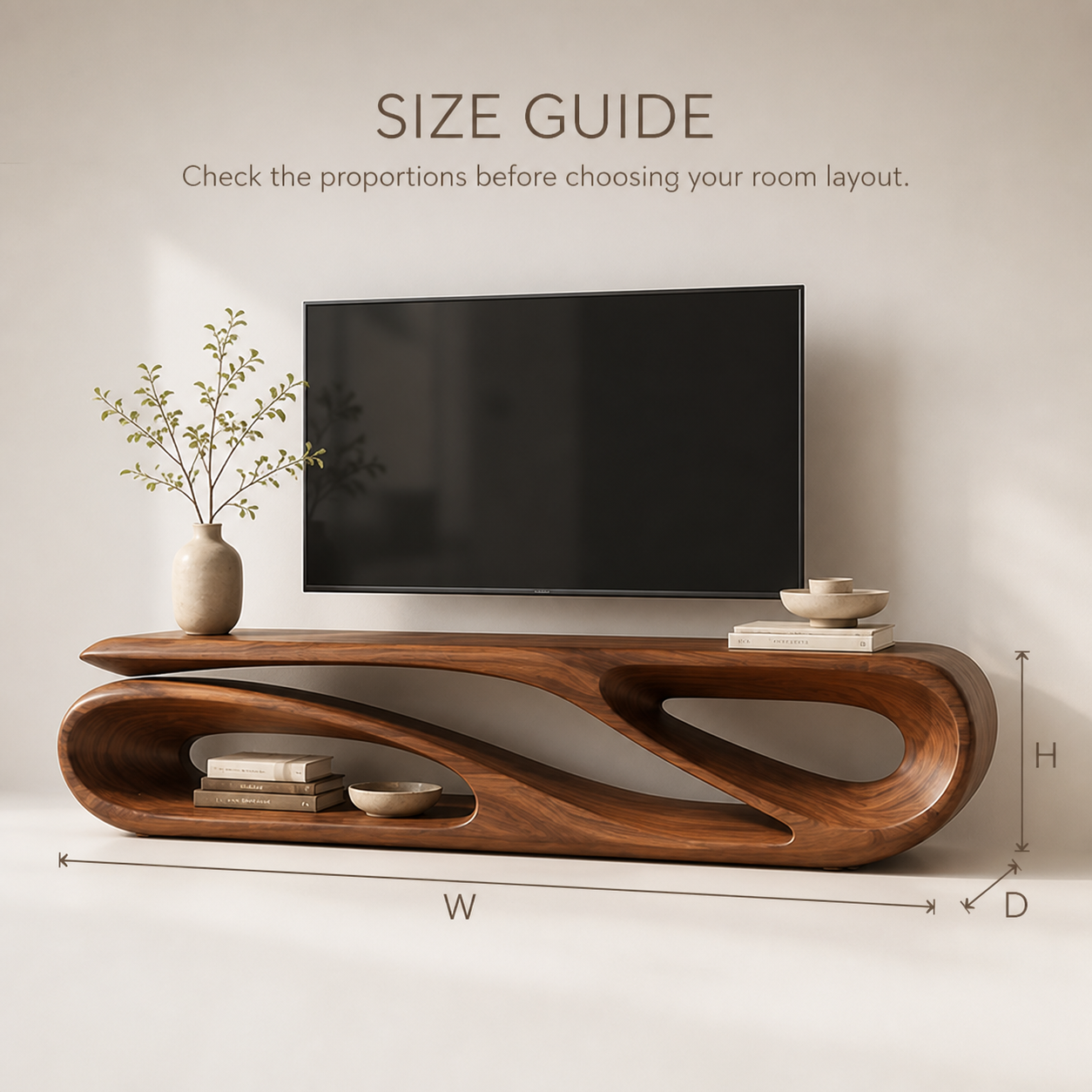 Alora Sculptural Solid Wood TV Stand - Design 038 - TV stand detail and styling view 07