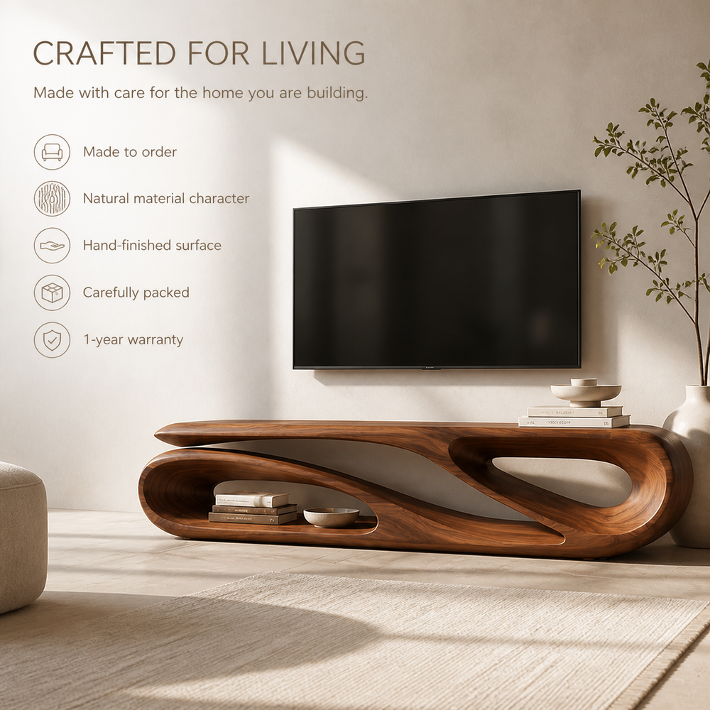 Alora Sculptural Solid Wood TV Stand - Design 038 - TV stand detail and styling view 08
