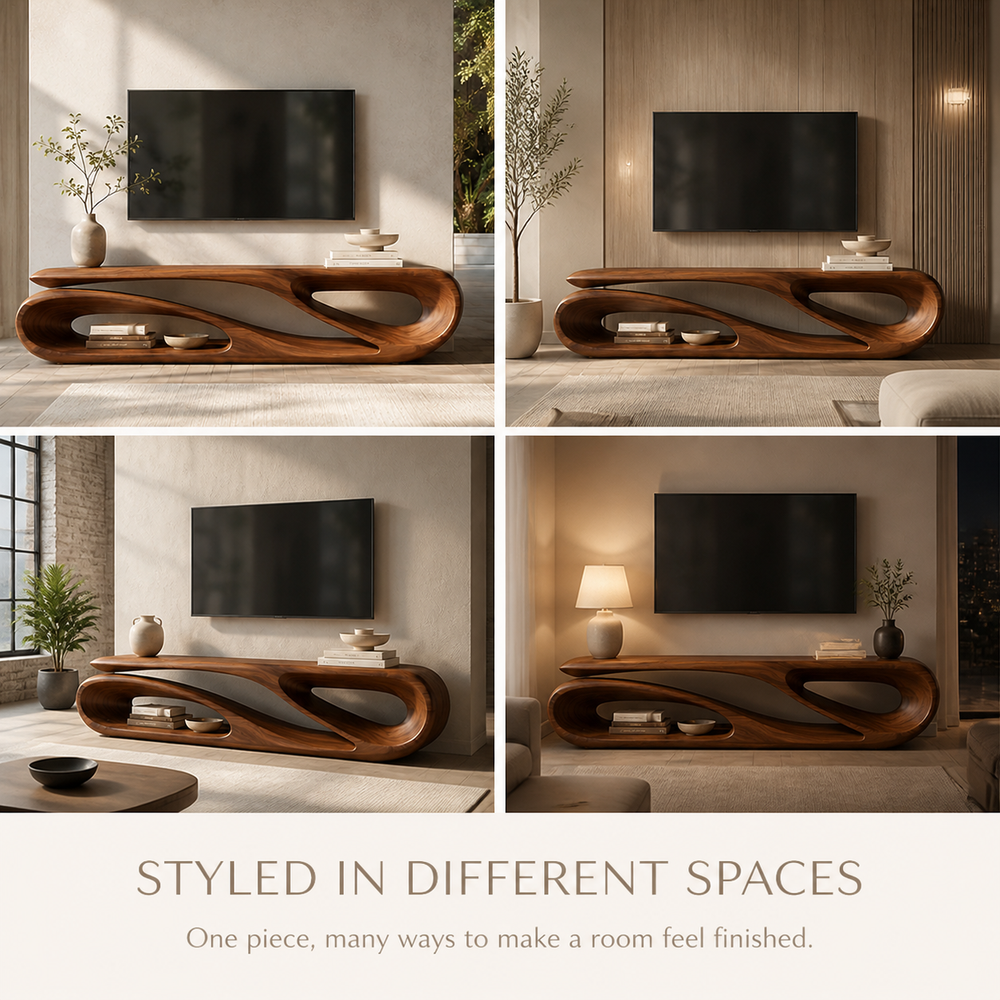 Alora Sculptural Solid Wood TV Stand - Design 038 - TV stand detail and styling view 09