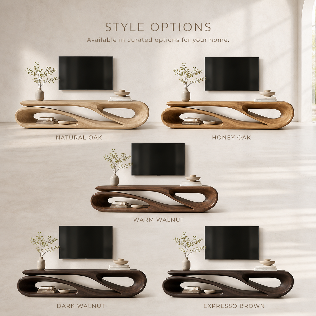 Alora Sculptural Solid Wood TV Stand - Design 038 - TV stand detail and styling view 10