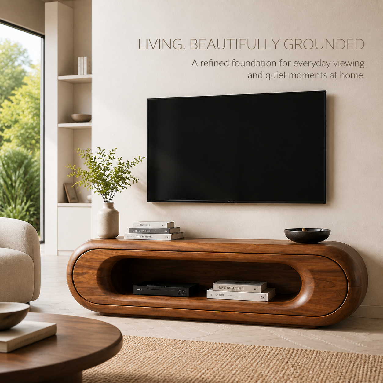 Renley Sculptural Solid Wood TV Stand - Design 039 - TV stand detail and styling view 01
