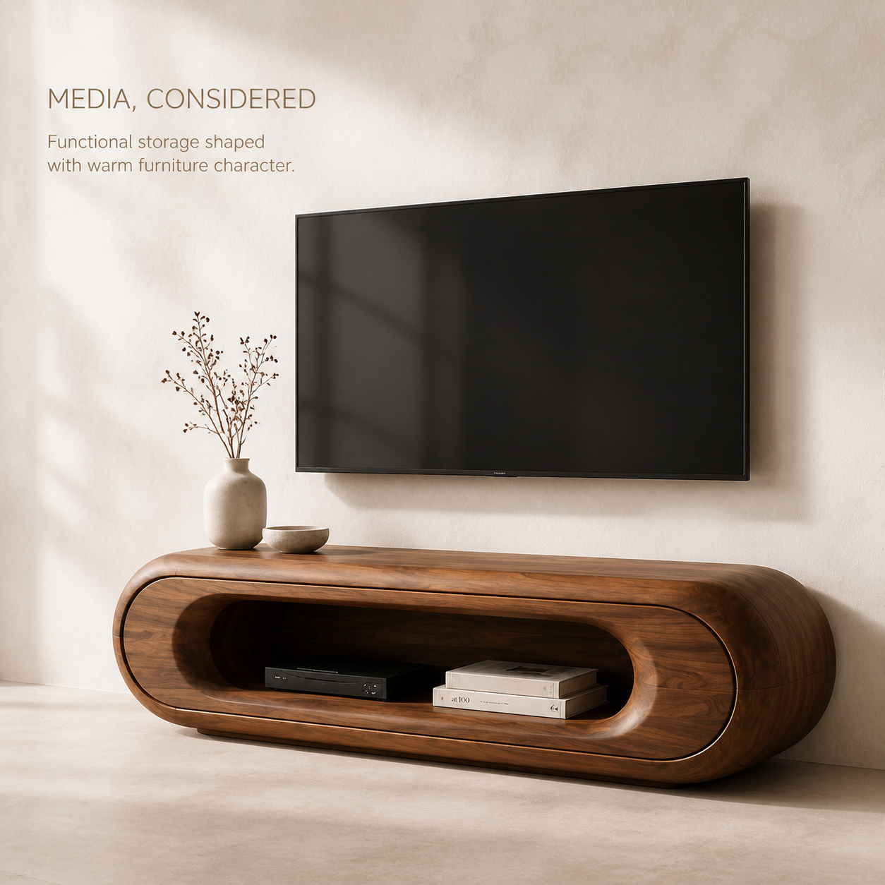 Renley Sculptural Solid Wood TV Stand - Design 039 - TV stand detail and styling view 02