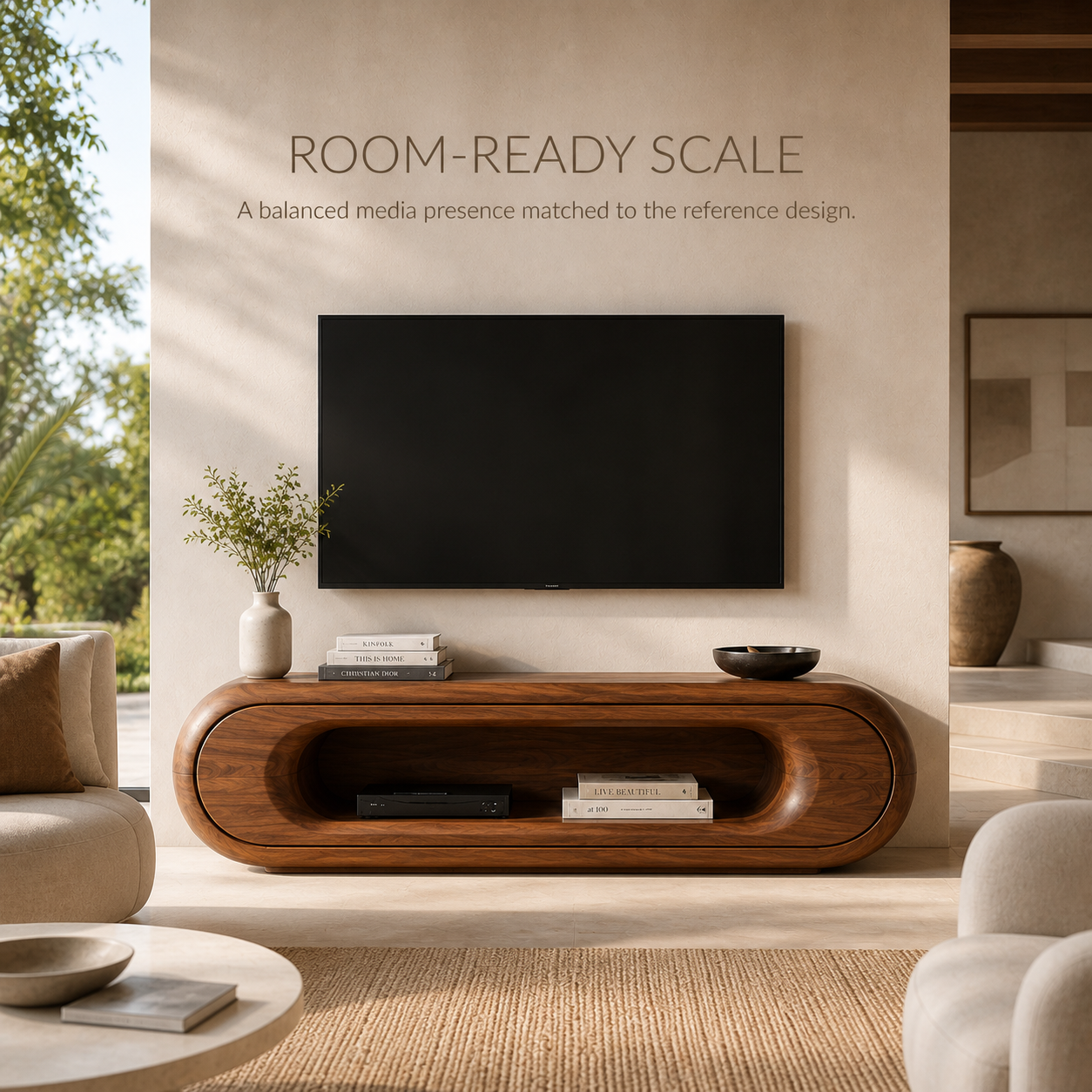 Renley Sculptural Solid Wood TV Stand - Design 039 - TV stand detail and styling view 03