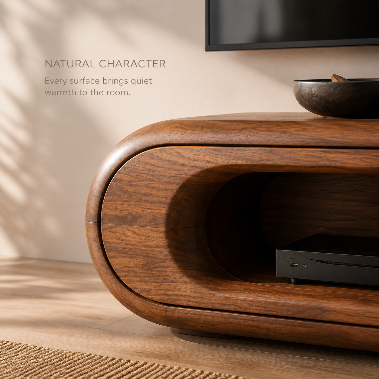 Renley Sculptural Solid Wood TV Stand - Design 039 - TV stand detail and styling view 04
