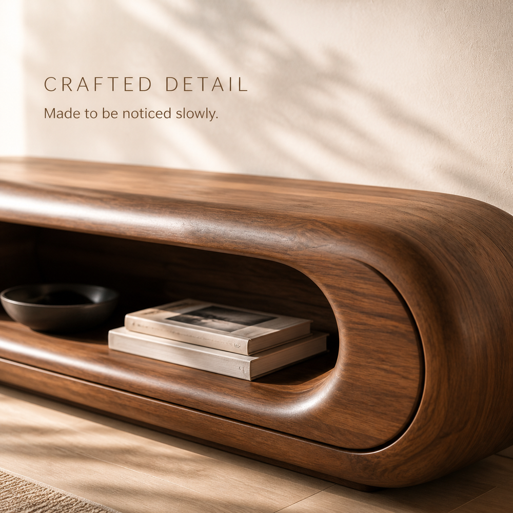 Renley Sculptural Solid Wood TV Stand - Design 039 - TV stand detail and styling view 05