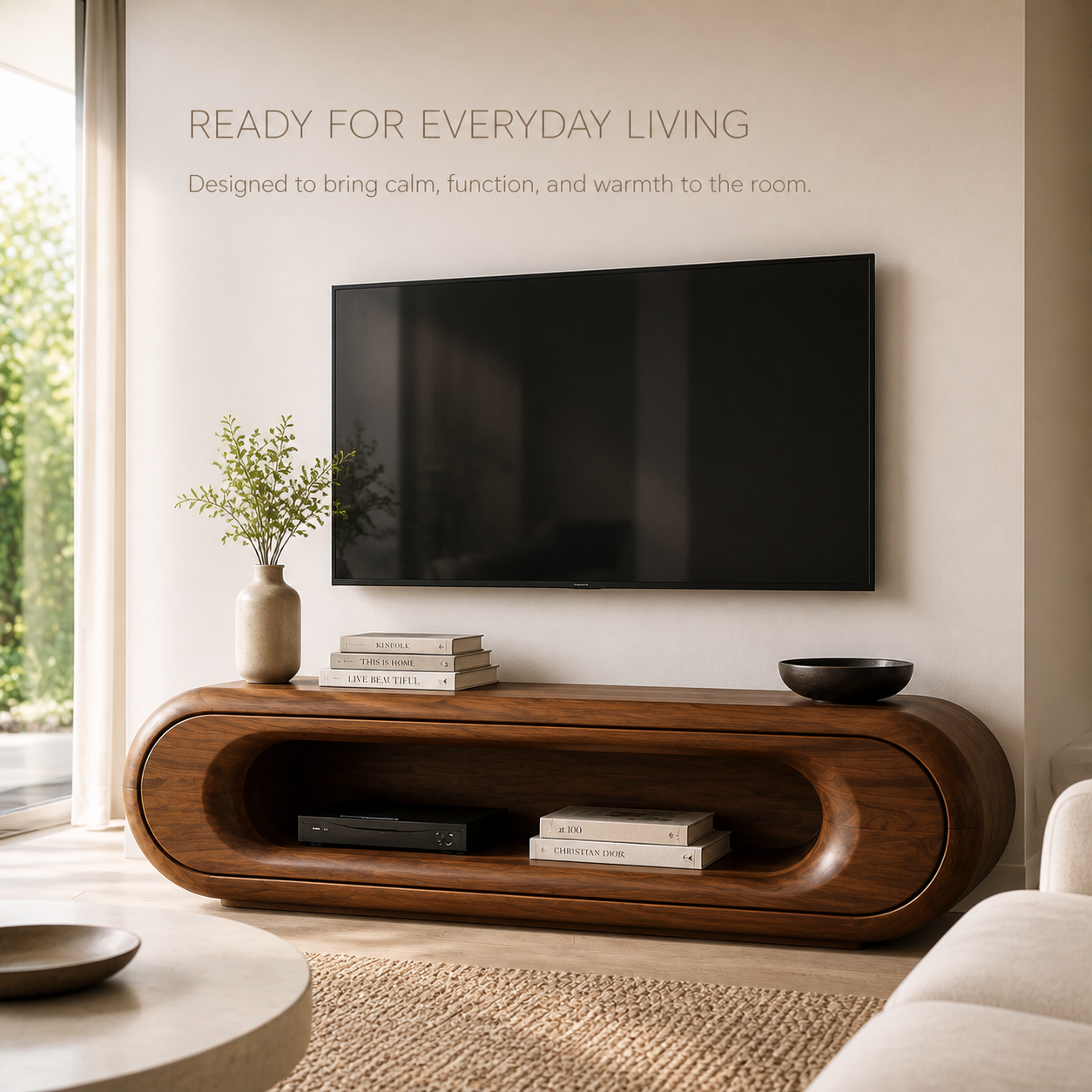 Renley Sculptural Solid Wood TV Stand - Design 039 - TV stand detail and styling view 06