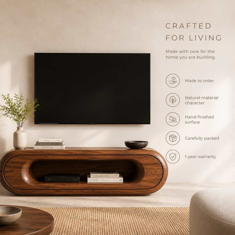 Renley Sculptural Solid Wood TV Stand - Design 039 - TV stand detail and styling view 08