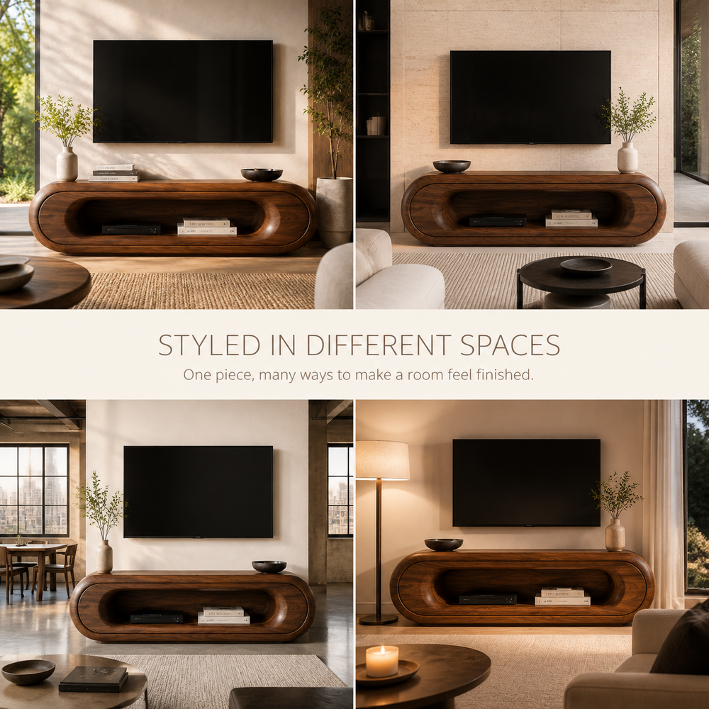 Renley Sculptural Solid Wood TV Stand - Design 039 - TV stand detail and styling view 09