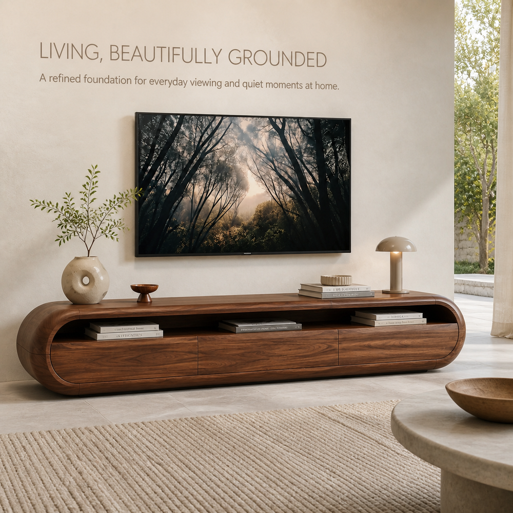 Dorian Sculptural Solid Wood TV Stand - Design 040 - TV stand detail and styling view 01